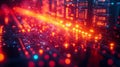 A dynamic array of glowing red and blue lights, capturing the essence of a futuristic, high-tech digital world