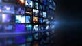 A dynamic array of vibrant video screens showcasing varied media content in a modern digital environment