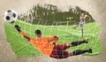 Dynamic art collage of professional soccer goalkeeper in sports uniform jumping and catching ball over playground Royalty Free Stock Photo