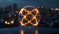 A Dynamic Atom Globe Symbolizing Atomic Energy Fusion with Particle Collisions and Electron Orbits Royalty Free Stock Photo