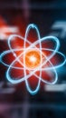 Dynamic atomic structure pulsating in orange and blue against blurred backdrop