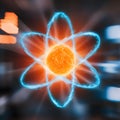 Dynamic atomic structure pulsating in orange and blue against blurred backdrop