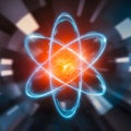 Dynamic atomic structure pulsating in orange and blue against blurred backdrop