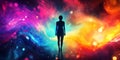 A dynamic background with a silhouette of a person surrounded by glowing, abstract shapes in bright