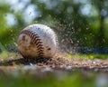 Dynamic close-up of baseball action with dirt particles flying, capturing the intensity of the game and athletic movement Royalty Free Stock Photo