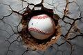 Dynamic baseball imagery Ball piercing through wall with dramatic cracks Royalty Free Stock Photo