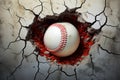 Dynamic baseball imagery Ball piercing through wall with dramatic cracks Royalty Free Stock Photo