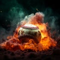 Dynamic baseball, rich colors, set against a smoky atmospheric backdrop