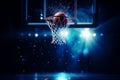 Dynamic basketball soaring through a basketball hoop with intense action and excitement