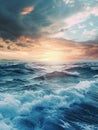 The dynamic beauty of waves under a vibrant ocean sunset. Royalty Free Stock Photo