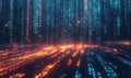Dynamic binary code visualization with blue and orange streams in motion, representing data flow, programming, and cyber Royalty Free Stock Photo