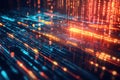 Dynamic binary code visualization with bright orange and blue streams in motion, representing data flow, programming Royalty Free Stock Photo