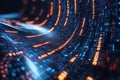 Dynamic binary code visualization with bright orange and blue streams in motion, representing data flow, programming Royalty Free Stock Photo