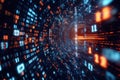 Dynamic binary code visualization with bright orange and blue streams in motion, representing data flow, programming Royalty Free Stock Photo