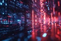 Dynamic binary code visualization with bright red and blue streams in motion, representing data flow, programming, and Royalty Free Stock Photo