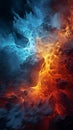 Dynamic black artwork showcases the fusion of fire and ice
