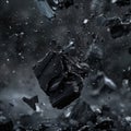 Dynamic black rock shattering with debris on dark background Royalty Free Stock Photo