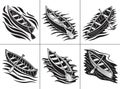 Dynamic black and white canoe designs with oars, set in various water ripple patterns. Royalty Free Stock Photo