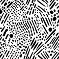 A dynamic black and white doodle pattern of overlapping dots, dashes, and diagonal lines Royalty Free Stock Photo