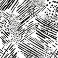 A dynamic black and white doodle pattern of overlapping dots, dashes, and diagonal lines Royalty Free Stock Photo