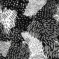 A dynamic black and white doodle pattern of overlapping dots, dashes, and diagonal lines Royalty Free Stock Photo