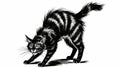 A black and white ink drawing of a scared black cat with its back arched. Royalty Free Stock Photo