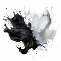 Dynamic blending black and white liquid splash with flying beautiful drops. Abstract fluid art