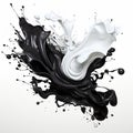 Dynamic blending black and white liquid splash with flying beautiful drops. Abstract fluid art