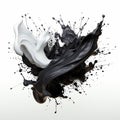 Dynamic blending black and white liquid splash with flying beautiful drops. Abstract fluid art