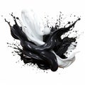 Dynamic blending black and white liquid splash with flying beautiful drops. Abstract fluid art