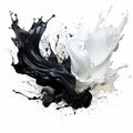 Dynamic blending black and white liquid splash with flying beautiful drops. Abstract fluid art