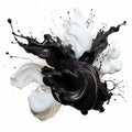 Dynamic blending black and white liquid splash with flying beautiful drops. Abstract fluid art