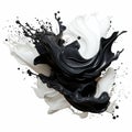 Dynamic blending black and white liquid splash with flying beautiful drops. Abstract fluid art