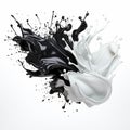 Dynamic blending black and white liquid splash with flying beautiful drops. Abstract fluid art