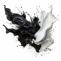 Dynamic blending black and white liquid splash with flying beautiful drops. Abstract fluid art