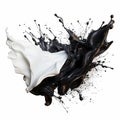 Dynamic blending black and white liquid splash with flying beautiful drops. Abstract fluid art