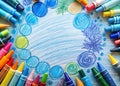 Dynamic Blue Circle Crayon Doodle Background A Vibrant Canvas for Creative Design Projects Artwork and More Royalty Free Stock Photo