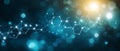 Dynamic blue and gold abstract background illustrating molecular structures and glowing particles in a scientific