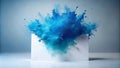 Dynamic blue powder explosion behind blank vertical rectangle. Generative AI Royalty Free Stock Photo