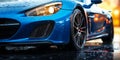 Dynamic Blue Sports Car Speeding on Wet Road Water Droplets on Hood High-Performance Vehicle in Motion Concept of Power and Royalty Free Stock Photo