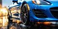 Dynamic Blue Sports Car Speeding on Wet Road Water Droplets on Hood High-Performance Vehicle in Motion Concept of Power and Royalty Free Stock Photo