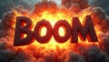 Dynamic boom effect illustration with pop art explosion and bold comic lettering. Red 3D letters BOOM blast in fire, sparks, and Royalty Free Stock Photo