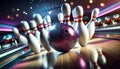 Dynamic bowling alley scene with a rolling ball striking pins amidst a vibrant. Royalty Free Stock Photo