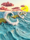 Dynamic brain waves on ocean, sunrise lighting, sweeping aerial view, tranquil yet transformative mood