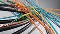 Dynamic broadband cable entwined with vibrant binary code, showcasing futuristic tech and communication theme. This captures Royalty Free Stock Photo