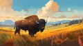 Dynamic Brushwork: Bison Grazing In A Field Of Flowers
