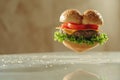 Dynamic Burger Shot with Floating Fresh Ingredients