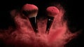 Dynamic burst of vibrant red makeup brushes with powder explosion Royalty Free Stock Photo