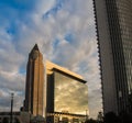 Dynamic business buildings with Trade Fair Tower in Frankfurt, Royalty Free Stock Photo