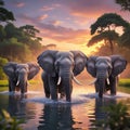 Powerful Elephants Splashing Water While Wading at Sunset Royalty Free Stock Photo